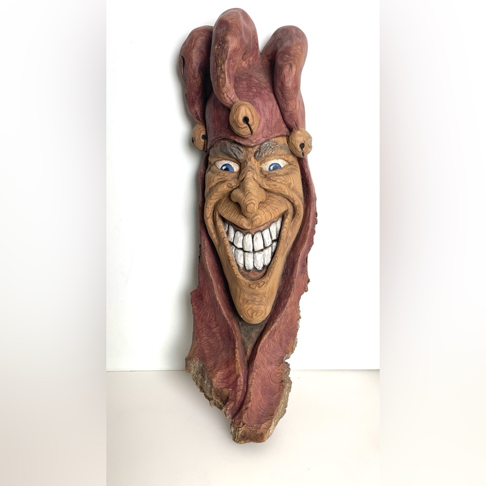 Hand Carved Wood Spirit Whimsical Jester Laugh Smile sculpture By Kathy Overcash